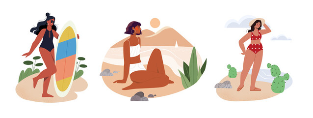 Set with beautiful women in different situations on the beach, sitting near ocean, going surfing on white background. Concept of vacation mood, feminine. Flat cartoon vector illustration