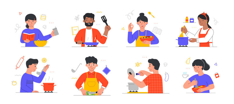 Set with smiling male and female characters cooking on kitchen table. Collection of various people preparing food on white background. Flat cartoon vector illustration