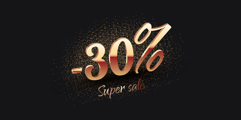 30 Percent Salling Background with golden shiny numbers on black. Super sale text. Black friday or new year discount design template - 458576104
