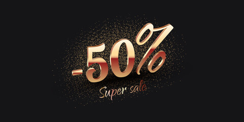 50 Percent Salling Background with golden shiny numbers on black. Super sale text. Black friday or new year discount design template - 458576147