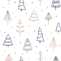 Christmas seamless pattern with decorative pine trees. Winter background with line art trees. Festive illustration with Christmas forest. Hand drawn vector pattern for winter holidays and New Year