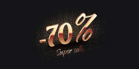 70 Percent Salling Background with golden shiny numbers on black. Super sale text. Black friday or new year discount design template - 458576176