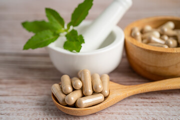 Alternative medicine nature herbal organic capsule, drug with herbs leaf natural supplements for healthy good life.