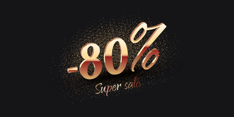 80 Percent Salling Background with golden shiny numbers on black. Super sale text. Black friday or new year discount design template - 458576195