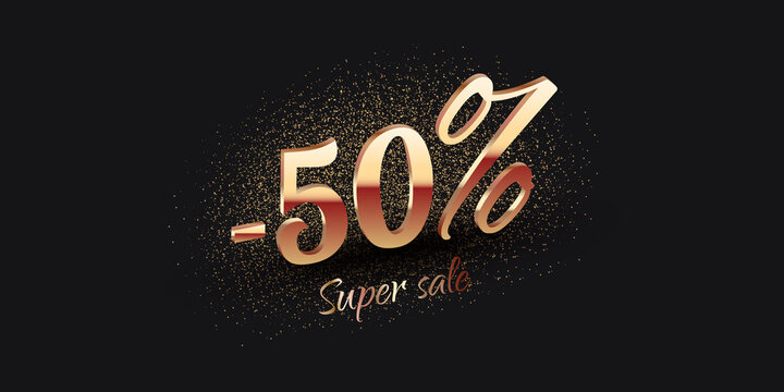 50 Percent Salling Background with golden shiny numbers on black. Super sale text. Black friday or new year discount design template