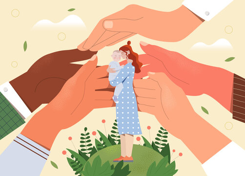 Big human hands are assisting a young single mother with little child. Concept of support and protection of young single mothers with a baby. Happy safe motherhood. Flat cartoon vector illustration
