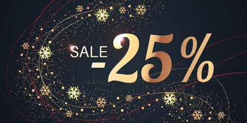 25 Percent Sale Background with golden shiny numbers and snowflakes on black. New Year, Christmas and Black Friday holiday discount design template. Seasonal promotion poster - 458576301