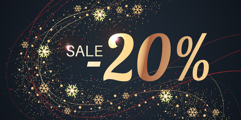 20 Percent Sale Background with golden shiny numbers and snowflakes on black. New Year, Christmas and Black Friday holiday discount design template. Seasonal promotion poster - 458576329