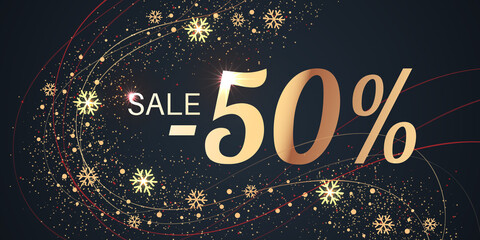 50 Percent Sale Background with golden shiny numbers and snowflakes on black. New Year, Christmas and Black Friday holiday discount design template. Seasonal promotion poster - 458576361