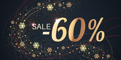 60 Percent Sale Background with golden shiny numbers and snowflakes on black. New Year, Christmas and Black Friday holiday discount design template. Seasonal promotion poster - 458576372