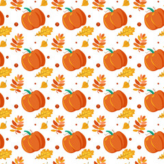 Seamless pattern of orange pumpkins, autumn leaves and berries for the harvest festival and print
