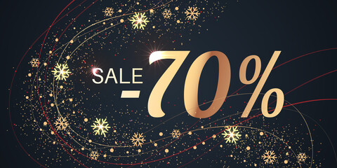 70 Percent Sale Background with golden shiny numbers and snowflakes on black. New Year, Christmas and Black Friday holiday discount design template. Seasonal promotion poster - 458576386