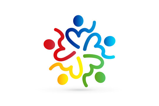 Teamwork unity people logo charity nonprofit organization diversity concept vector image design five people in a hug