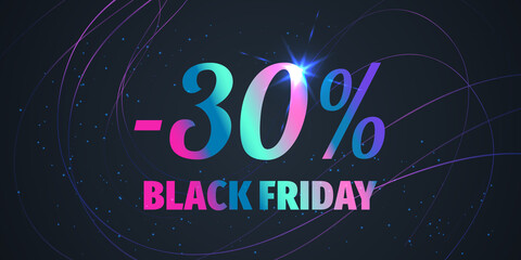 30 Percent Black Friday Sale Background with shiny gradient numbers on black. Holiday discount design template. Seasonal promotion poster