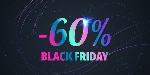 60 Percent Black Friday Sale Background with shiny gradient numbers on black. Holiday discount design template. Seasonal promotion poster - 458576527
