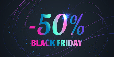 50 Percent Black Friday Sale Background with shiny gradient numbers on black. Holiday discount design template. Seasonal promotion poster - 458576530