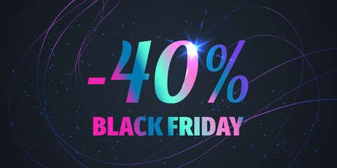 40 Percent Black Friday Sale Background with shiny gradient numbers on black. Holiday discount design template. Seasonal promotion poster - 458576547