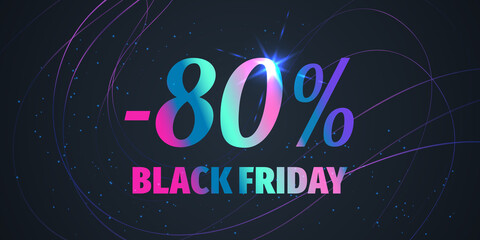 80 Percent Black Friday Sale Background with shiny gradient numbers on black. Holiday discount design template. Seasonal promotion poster - 458576563