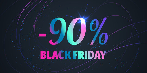 90 Percent Black Friday Sale Background with shiny gradient numbers on black. Holiday discount design template. Seasonal promotion poster