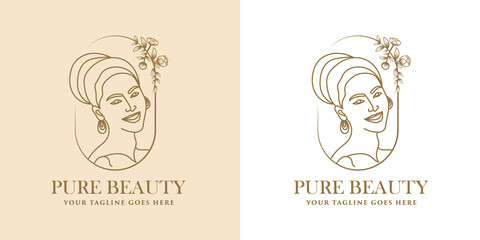 Hand drawn feminine woman beauty minimal face and floral botanical logo template for makeup spa salon skin & hair care line art portrait vector printable illustration design