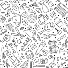 Seamless pattern of garden tools. Black and white image. Design of garden shop, garden centers. Flower in pot, garden fork, shovel, farm, rake, seedling, watering can, sproute, pruner, hoe, sickle