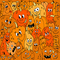 Halloween pumpkin vector collage. Characters with faces, eyes, mouths and teeth and in different moods and shapes. A fun image for your doodle style design.