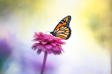 monarch on zinnia flower with rainbow colors in background