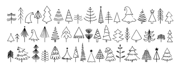 Christmas trees collection in black isolated on white background. Line art winter set with Christmas trees. Festive doodle elements for holidays and decorative design. Flat vector illustration