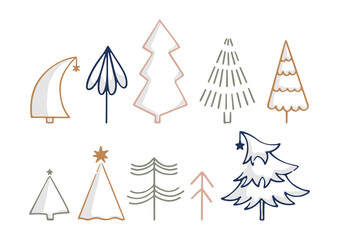Hand drawn colorful line art collection with pine trees isolated on white background. Simple doodle Christmas tree icons for winter holidays and decorative design. Vintage festive traditional symbols