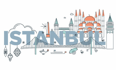 Typography word "Istanbul" branding technology concept. Collection of flat vector web icons, culture travel set, famous architectures, specialties detailed silhouette. Turkish famous landmark.