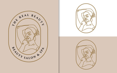 Hand drawn feminine woman beauty minimal face and floral botanical logo template for makeup spa salon skin & hair care line art portrait vector printable illustration design