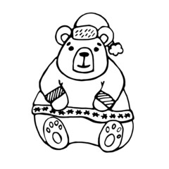 Doodle bear. New Year's cute teddy bear black outline. Winter illustration. New Year's cap. Winter warm jacket. Vector illustration.