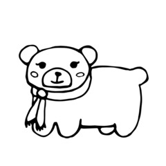 Doodle bear. New Year's cute teddy bear black outline. Winter illustration. Winter warm jacket. Vector illustration.