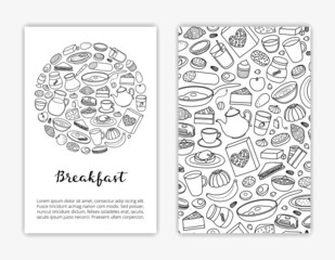 Card templates with hand drawn breakfast dishes.