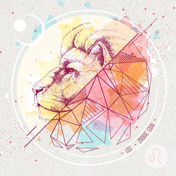 Realistic hand drawing and polygonal lion head illustration on watercolor background. Magic card with Leo zodiac sign