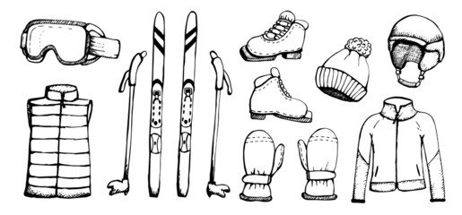 Set of winter sports. Ski equipment in black outline. Skis, protective sports mask, hat, winter gloves, warm jacket. Illustration of skis in black outline vector.