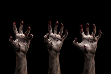 Set of dirty creepy bloody zombies hands with different posing. Horror and Halloween theme.	Isolated on black. - obrazy, fototapety, plakaty
