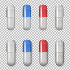 Set of realistic capsules pills with transparent shell isolated on transparent background. Variety of tablets with and without shadow. Vector illustration.