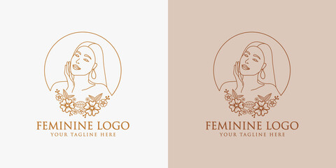 Hand drawn feminine woman beauty minimal face and floral botanical logo template for makeup spa salon skin & hair care line art portrait vector printable illustration design