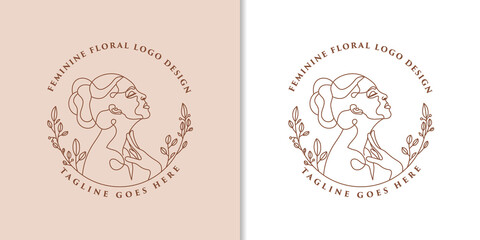 Hand drawn feminine woman beauty minimal face and floral botanical logo template for makeup spa salon skin & hair care line art portrait vector printable illustration design