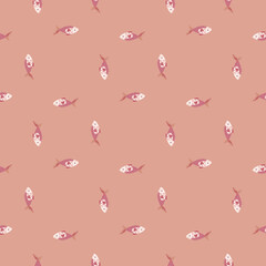 Seamless pattern fish on pastel pink background. Abstract ornament with sea animals.