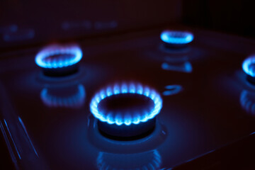 Blue small hot flame of gas burning on burner of kitchen stove at high oxygen level on dark background with lights off indoor