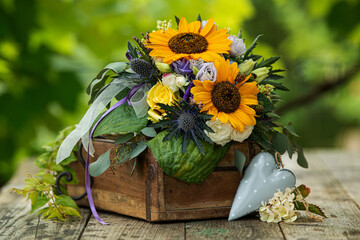 Colorful autumn flower bouquet with sun flowers