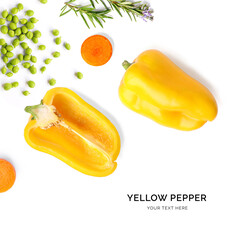 Creative layout made pepper, carrot and green peas. Flat lay. Food concept. Pepper on white background.