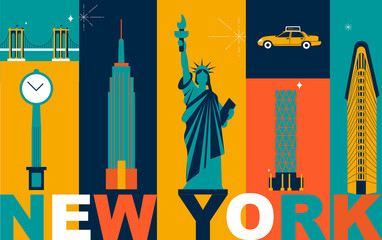 New York culture travel set, famous architectures and specialties in flat design. Business US tourism concept clipart. Image for presentation, banner, website, advert, flyer, roadmap, icons