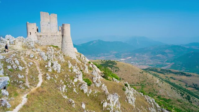 Castle of Rocca Calascio and Santa Maria della Pieta church, Aquila, Abruzzo, Italy. Part of Gran Sasso National Park and one of 15 most beautiful castle in the world. 4K CINEMATIC CAMERA RAW FOOTAGE