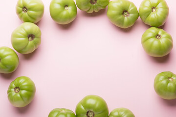 Green tomatoes for preservation on a pink background. Unripe tomatoes for harvesting.