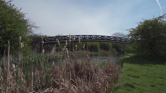 British canal scene background shot with olf bridge and reeds with blue skies