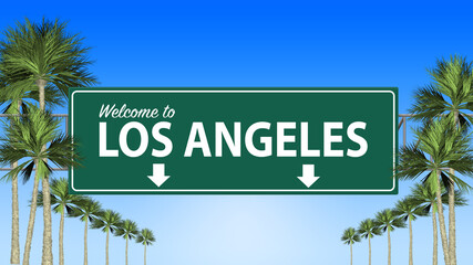 Fototapeta premium Welcome to Los Angeles freeway sign with palm trees - Illustration