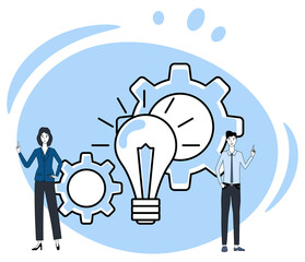 Fototapeta na wymiar Startup and brainstorming.New projects and search for ideas.People on the background of an electric lamp symbolize new ideas.Flat vector illustration.